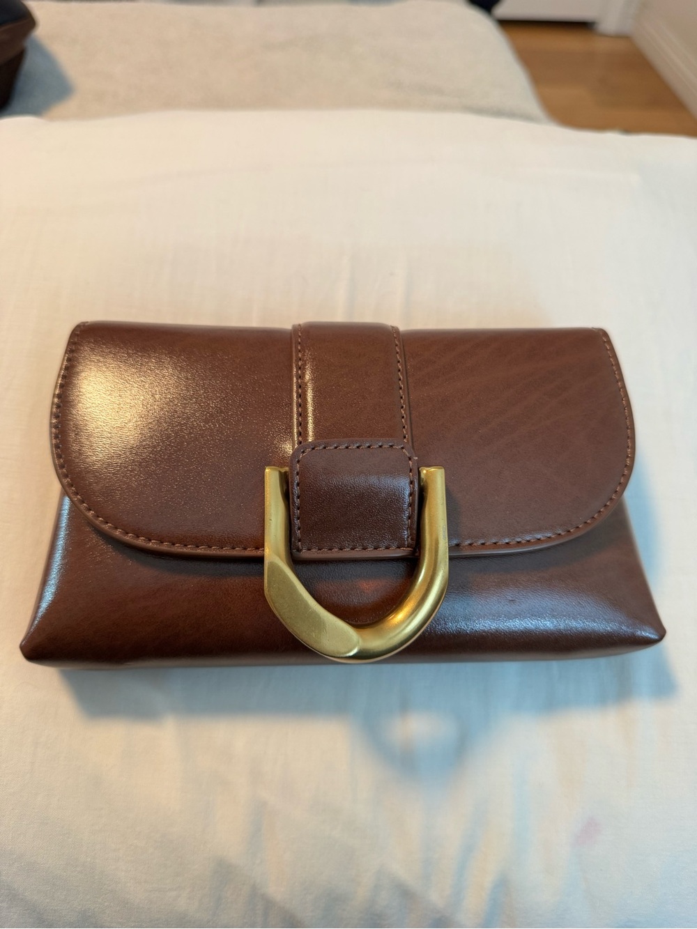 Charles & Keith Brown Leather clutch, crossbody, shoulder bag with Gold U-Buckle